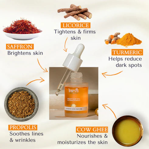Barva Sunshine Dew Face Oil | saffron, vitamin E, turmeric, liquorice & ghee blend,for radiant, youthful & glowing skin