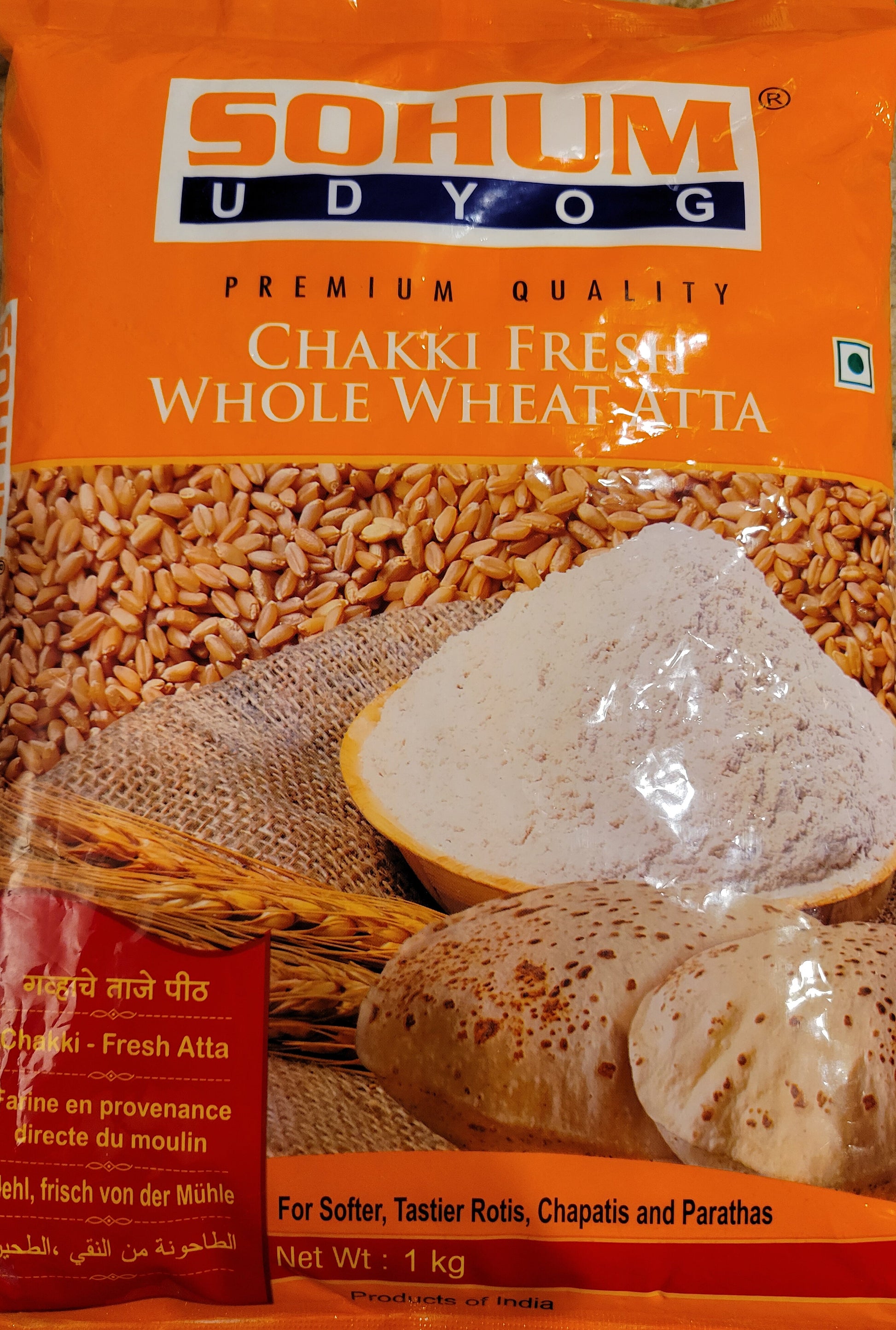 Sohum products Chakki Fresh Whole Wheat Atta Rotimatic compatible atta 1 kg bag with wheat and rotis